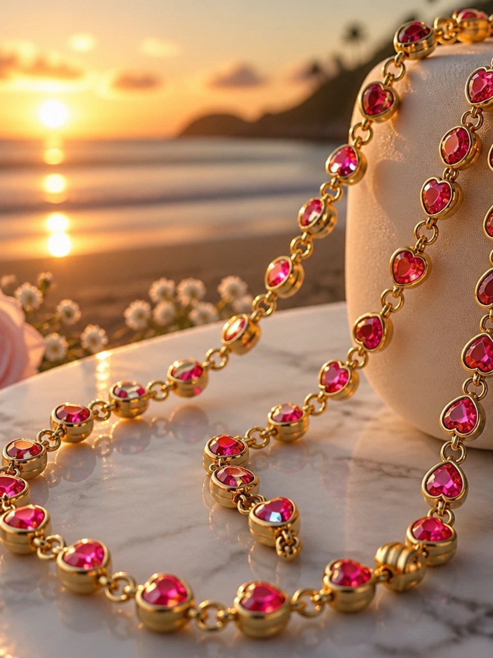 Gold Necklace with Pink Heart Gemstones by Catwalk Jon